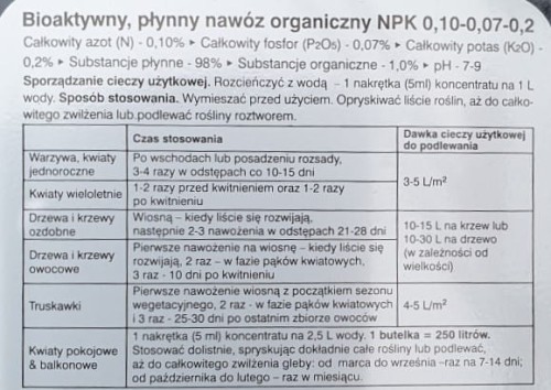 Biozłoto etykieta tył kwiateo dawkowanie dawki nawozu bio częstotliwośc stosowania zalecenia — kopia.jpg
