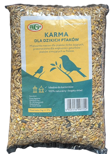 karma dla dzikich ptaków ze słonecznikiem nasiona dla ptaków nasiona 1kg nasion karma dla ptaszków zimujących w Polsce naturalny pastewny odżywczy jadalny skład sklep ogrodniczy kwiateo bez tła.png